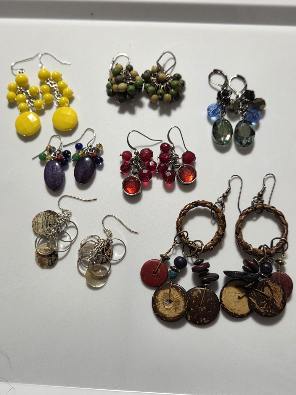 Vintage Boho‎ Beaded Earrings Jewelry Lot 8 Pairs Wood Glass Shell Artisan Mix